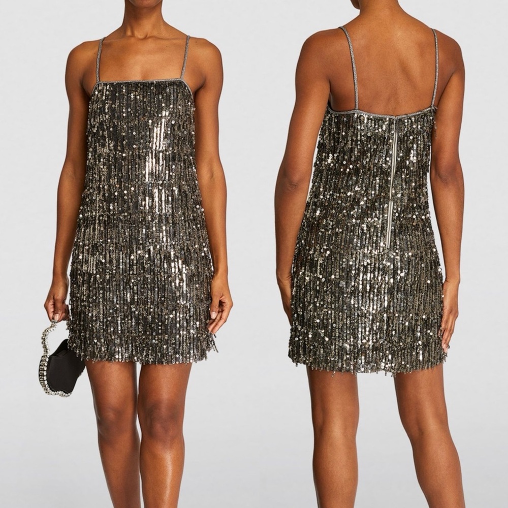NWT Alice + Olivia Chicago Gunmetal Silver Sequin Fringe Flapper Mini Dress Sz 6 - Picture 5 of 17